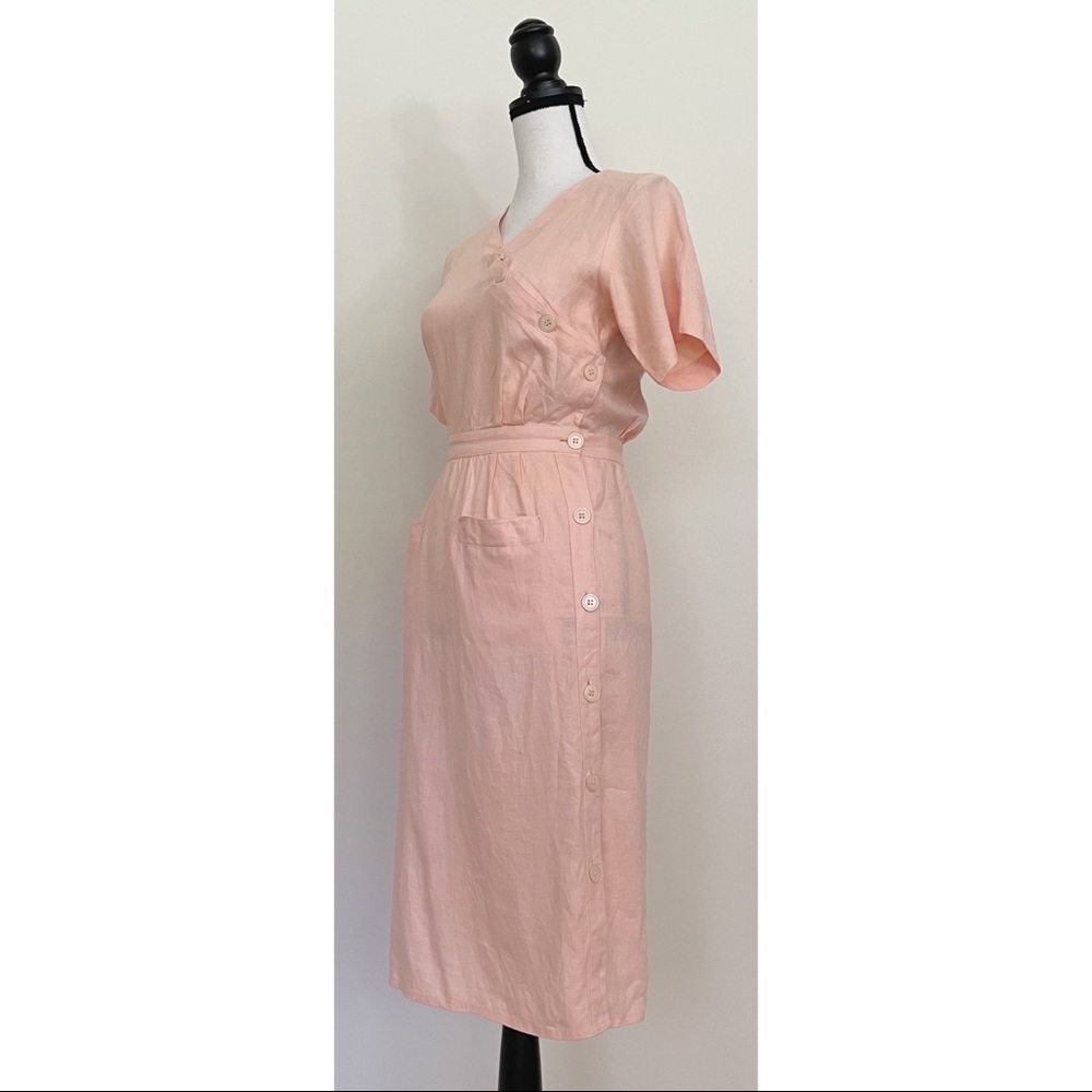 Vintage 80s Linen Button Wrap Dress - Picture 3 of 7